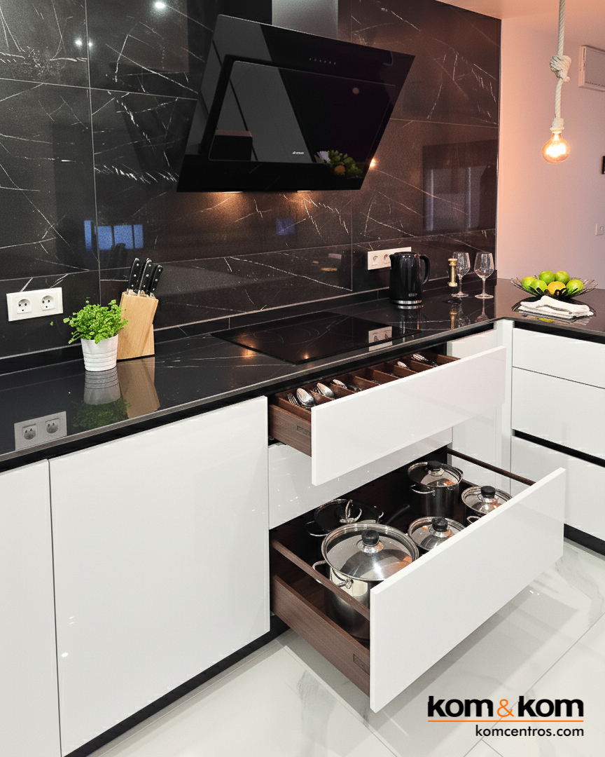 cocina elegante mármol negro blanco brillo